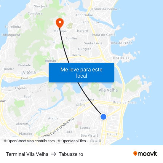 Terminal Vila Velha to Tabuazeiro map