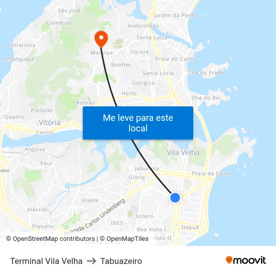 Terminal Vila Velha to Tabuazeiro map