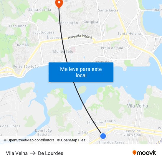 Vila Velha to De Lourdes map