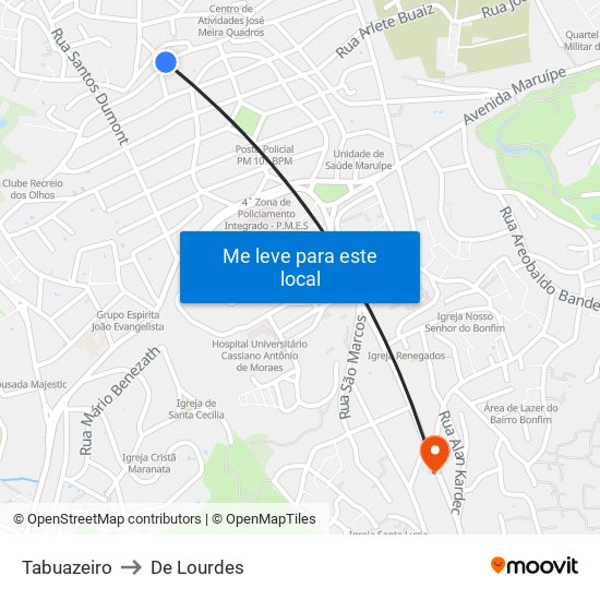 Tabuazeiro to De Lourdes map