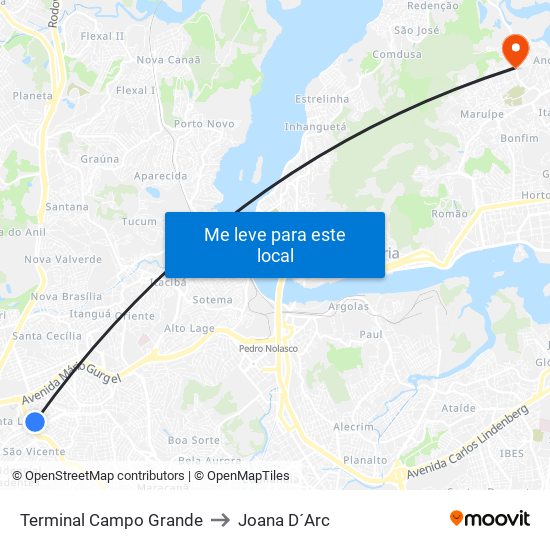 Terminal Campo Grande to Joana D´Arc map