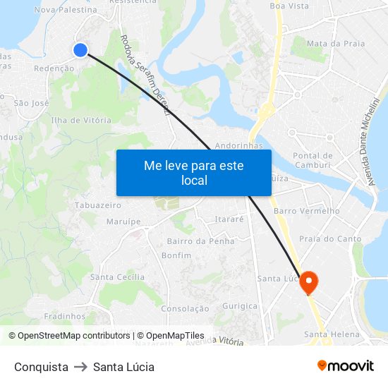 Conquista to Santa Lúcia map