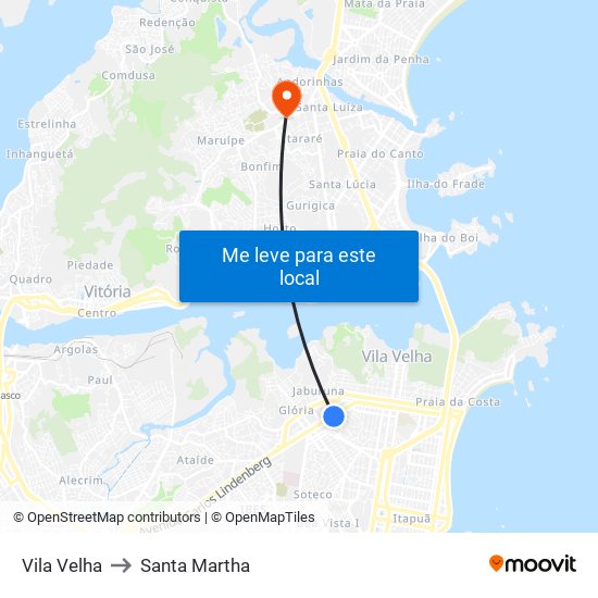 Vila Velha to Santa Martha map