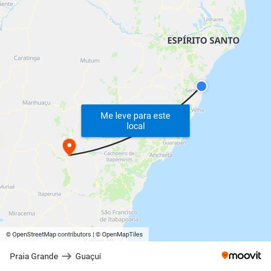 Praia Grande to Guaçuí map