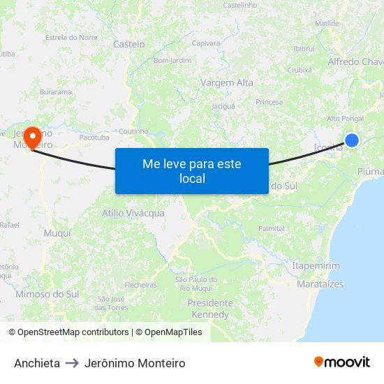 Anchieta to Jerônimo Monteiro map