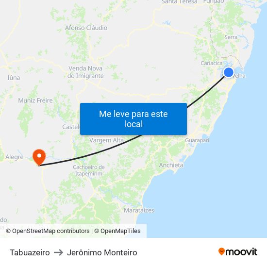Tabuazeiro to Jerônimo Monteiro map