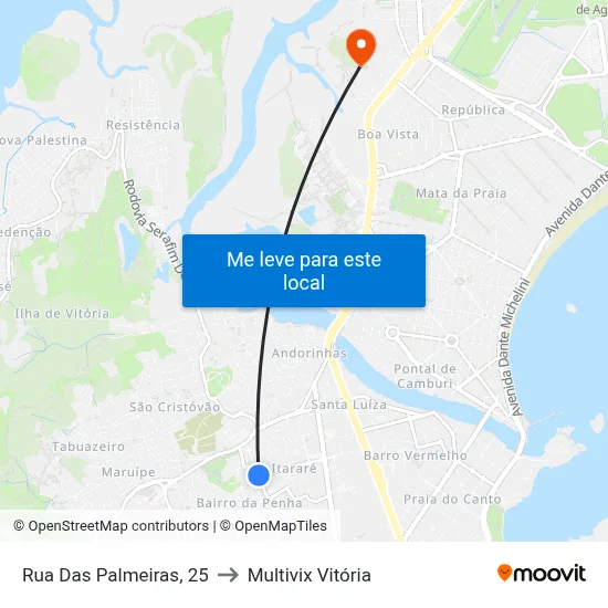 Rua Das Palmeiras, 25 to Multivix Vitória map