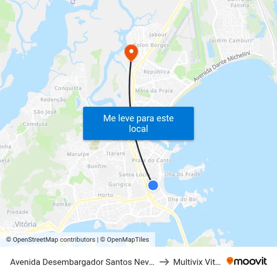 Avenida Desembargador Santos Neves, 551 to Multivix Vitória map