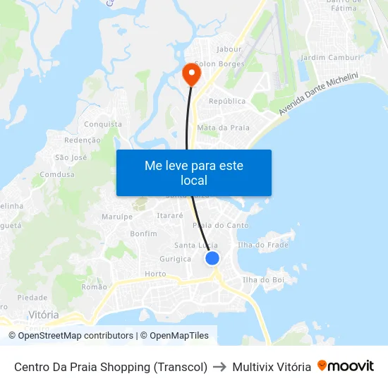 Centro Da Praia Shopping (Transcol) to Multivix Vitória map