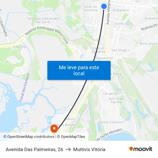 Avenida Das Palmeiras, 26 to Multivix Vitória map