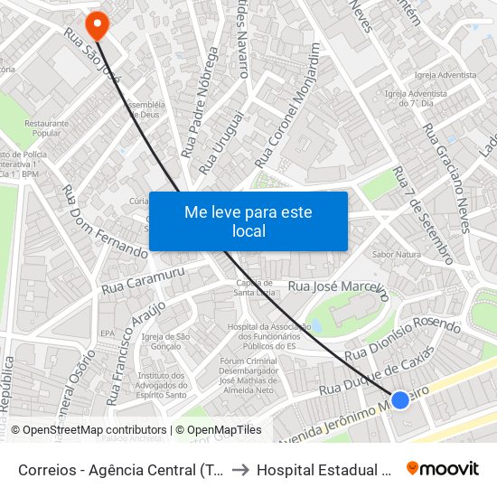 Correios - Agência Central (Transcol) to Hospital Estadual Central map