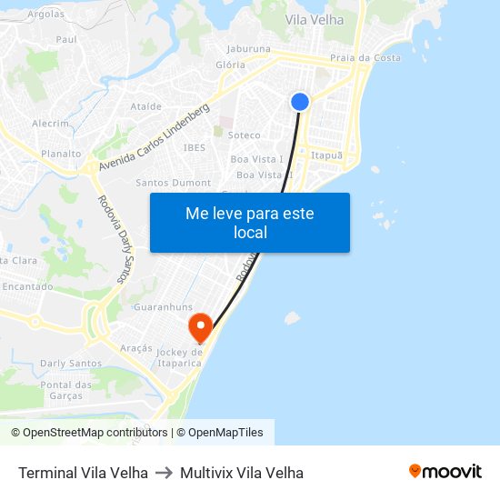 Terminal Vila Velha to Multivix Vila Velha map