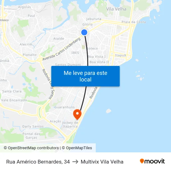Rua Américo Bernardes, 34 to Multivix Vila Velha map