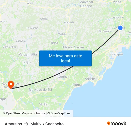 Amarelos to Multivix Cachoeiro map