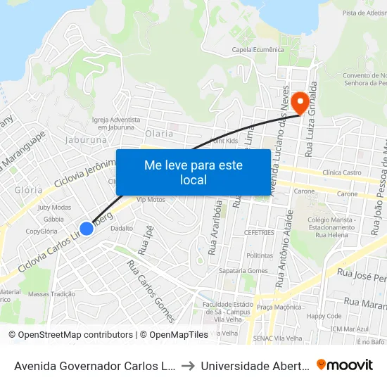 Avenida Governador Carlos Lindenberg, 722 to Universidade Aberta Do Brasil map
