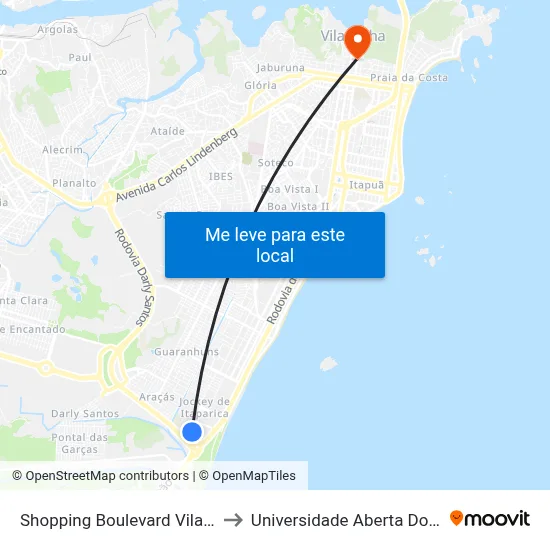 Shopping Boulevard Vila Velha to Universidade Aberta Do Brasil map