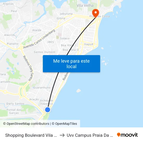 Shopping Boulevard Vila Velha to Uvv Campus Praia Da Costa map