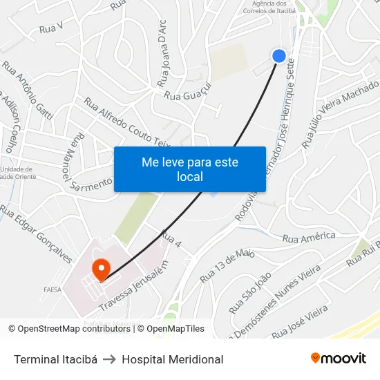 Terminal Itacibá to Hospital Meridional map