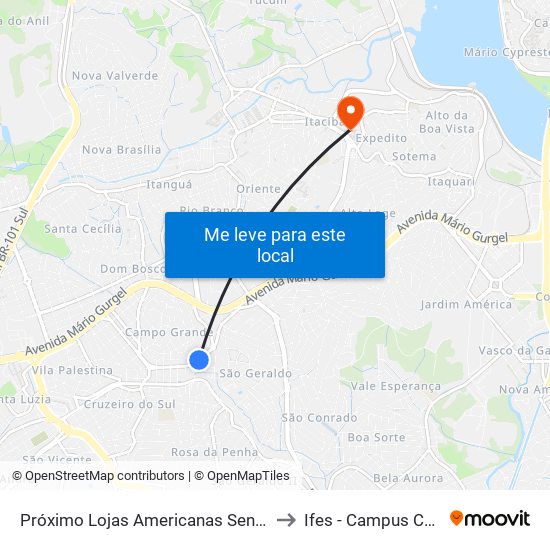 Próximo Lojas Americanas Sentido Carone to Ifes - Campus Cariacica map