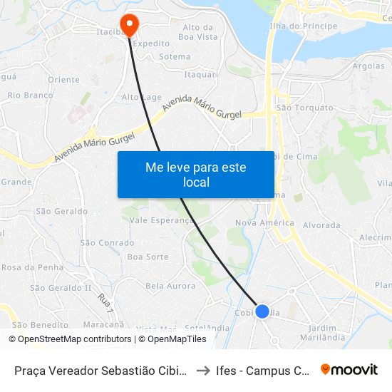 Praça Vereador Sebastião Cibiên, 283-329 to Ifes - Campus Cariacica map