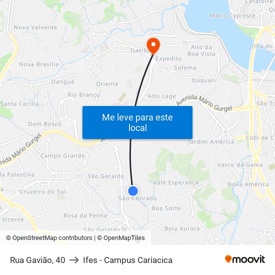 Rua Gavião, 40 to Ifes - Campus Cariacica map