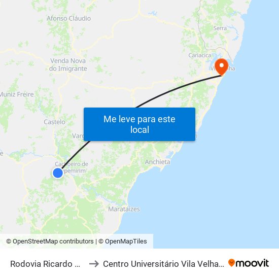 Rodovia Ricardo Barbieri, 1 to Centro Universitário Vila Velha - Biopráticas map
