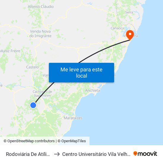 Rodoviária De Atílio Vivácqua to Centro Universitário Vila Velha - Biopráticas map