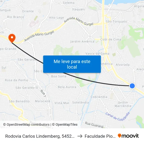 Rodovia Carlos Lindemberg, 5452-5570 to Faculdade Pio XII map