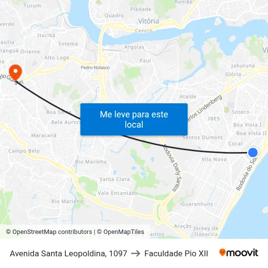 Avenida Santa Leopoldina, 1097 to Faculdade Pio XII map