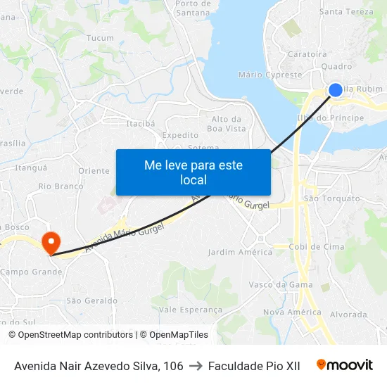 Avenida Nair Azevedo Silva, 106 to Faculdade Pio XII map