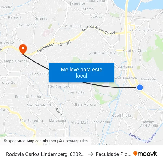Rodovia Carlos Lindemberg, 6202-6300 to Faculdade Pio XII map