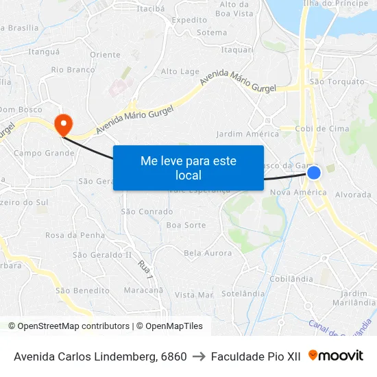 Avenida Carlos Lindemberg, 6860 to Faculdade Pio XII map