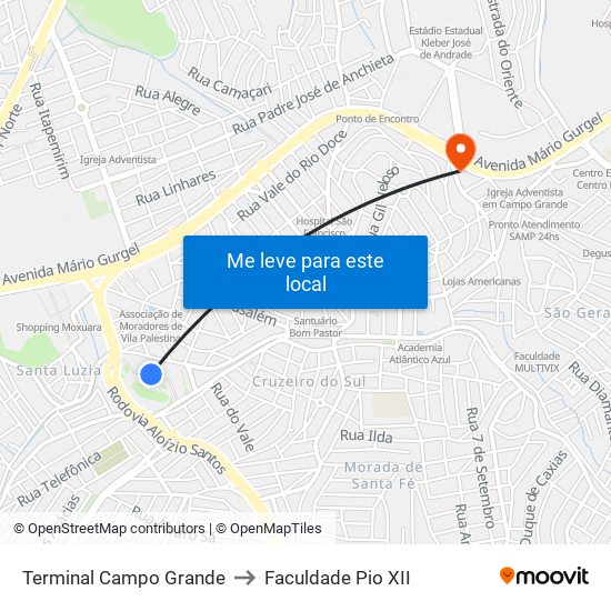 Terminal Campo Grande to Faculdade Pio XII map