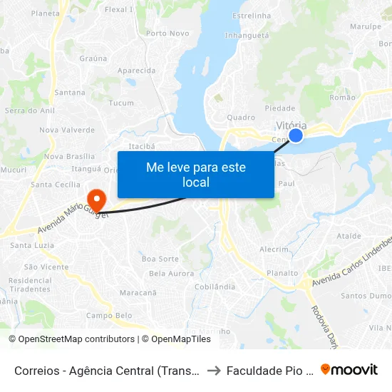 Correios - Agência Central (Transcol) to Faculdade Pio XII map