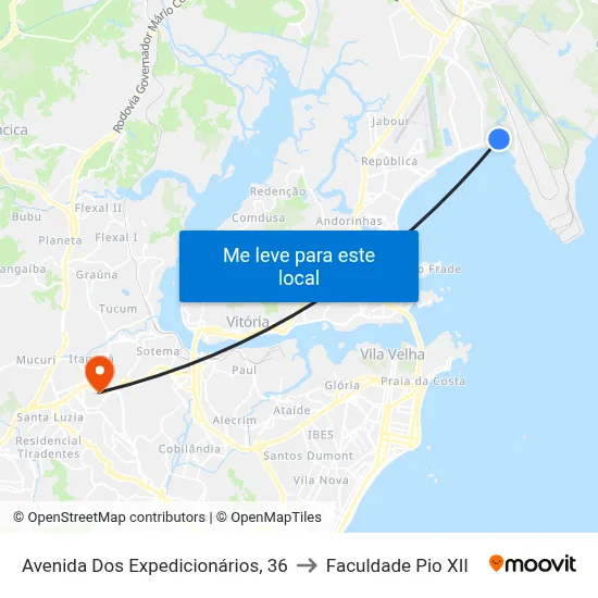 Avenida Dos Expedicionários, 36 to Faculdade Pio XII map