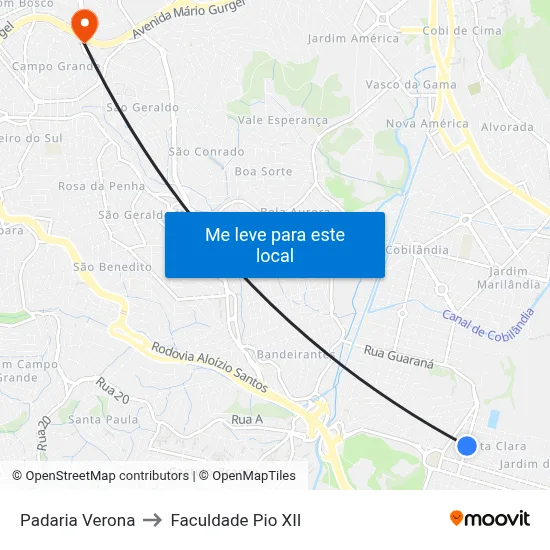 Padaria Verona to Faculdade Pio XII map