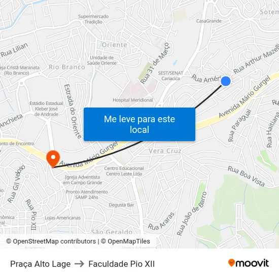 Praça Alto Lage to Faculdade Pio XII map