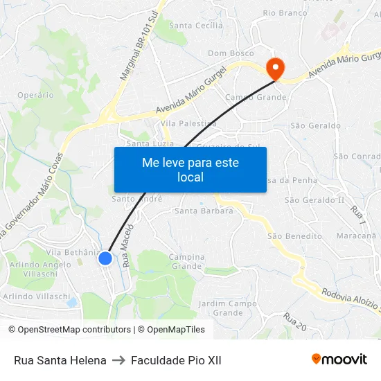 Rua Santa Helena to Faculdade Pio XII map