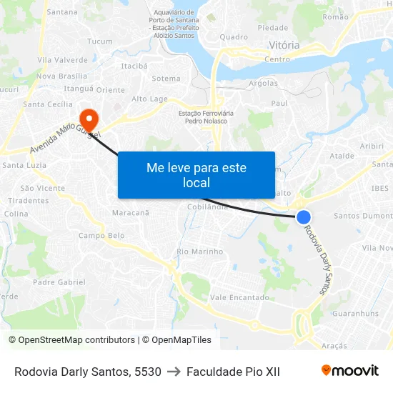 Rodovia Darly Santos, 5530 to Faculdade Pio XII map