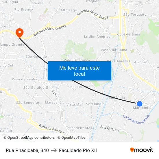 Rua Piracicaba, 340 to Faculdade Pio XII map