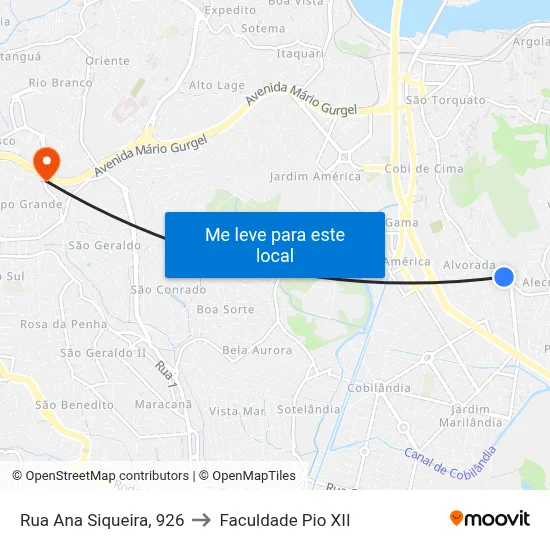 Rua Ana Siqueira, 926 to Faculdade Pio XII map