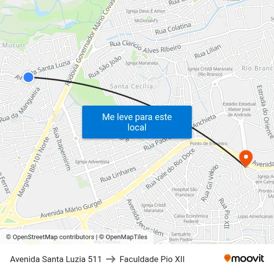 Avenida Santa Luzia 511 to Faculdade Pio XII map