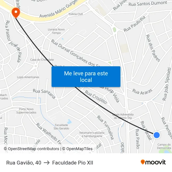 Rua Gavião, 40 to Faculdade Pio XII map