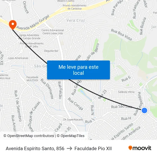 Avenida Espírito Santo, 856 to Faculdade Pio XII map