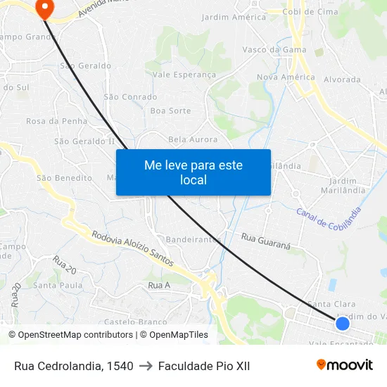Rua Cedrolandia, 1540 to Faculdade Pio XII map
