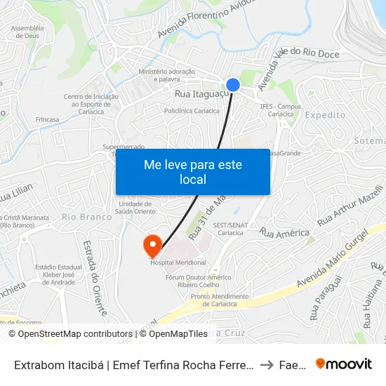 Extrabom Itacibá | Emef Terfina Rocha Ferreira to Faesa map