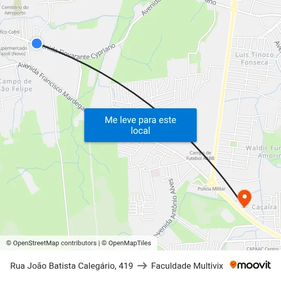 Rua João Batista Calegário, 419 to Faculdade Multivix map