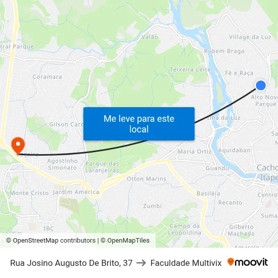 Rua Josino Augusto De Brito, 37 to Faculdade Multivix map