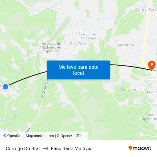 Córrego Do Braz to Faculdade Multivix map