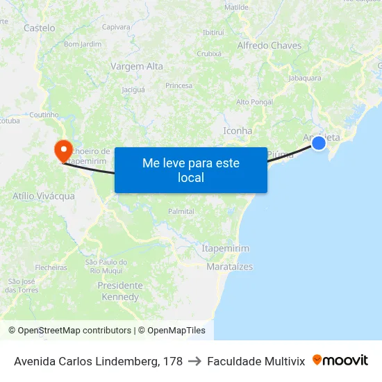 Avenida Carlos Lindemberg, 178 to Faculdade Multivix map